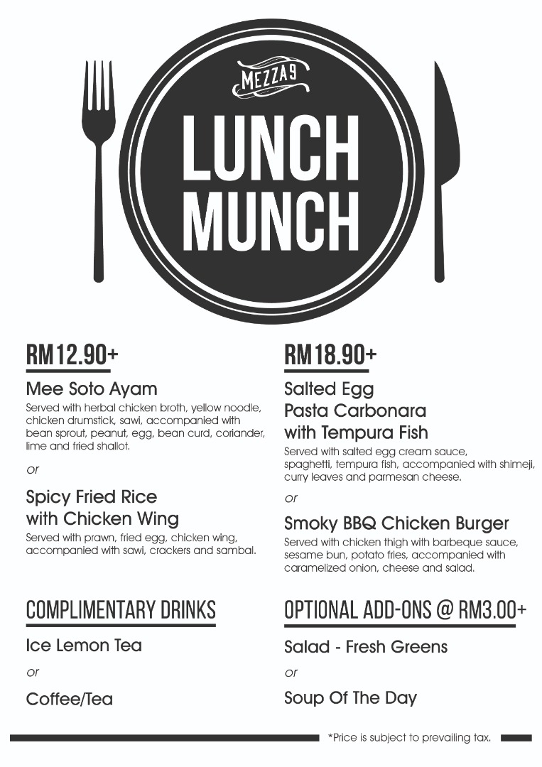 Lunch menu, Iconic Hotel, Penang