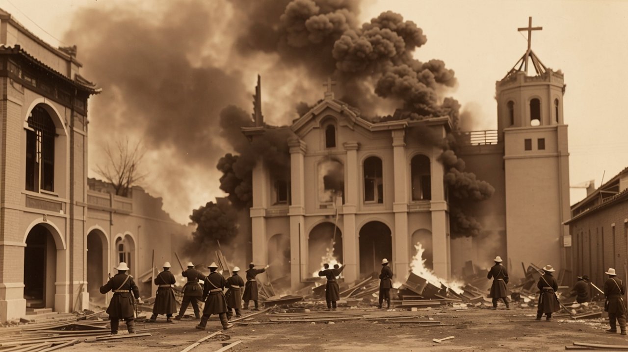 AI-generated sepia image of Boxers burning down a church building